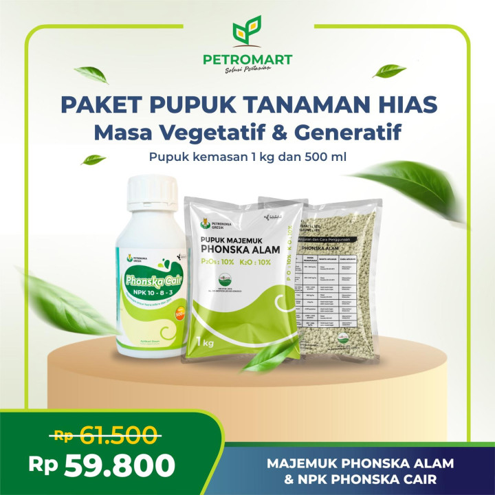 Paket Pupuk Tanaman Hias | Petrokimia Gresik | Pupuk Majemuk Phonska Alam & Phonska Cair | Kemasan 1 Kg & 500 ml
